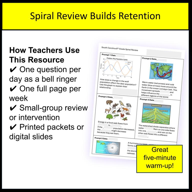 6th Grade Science Spiral Review and SC PASS Test Prep